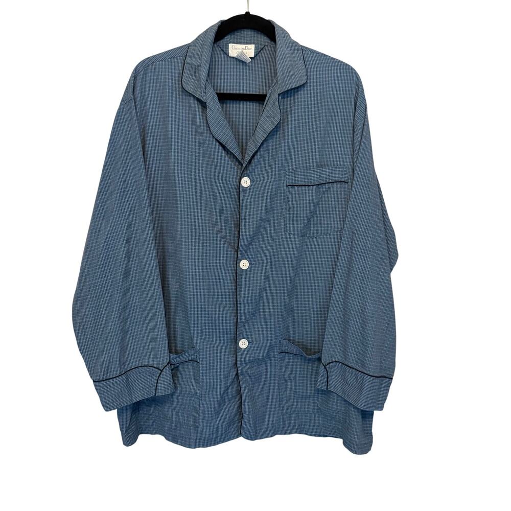 Christian Dior Pajama Shirt Mens XL Blue Plaid Lounge Sleepwear Luxury Old Money